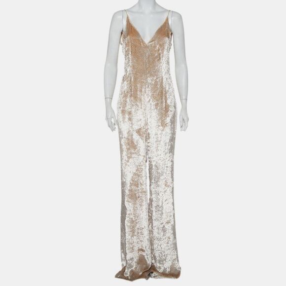 Gabriela Hearst Pants - Gabriela Hearst Beige Patterned Velvet Catherine Jumpsuit M